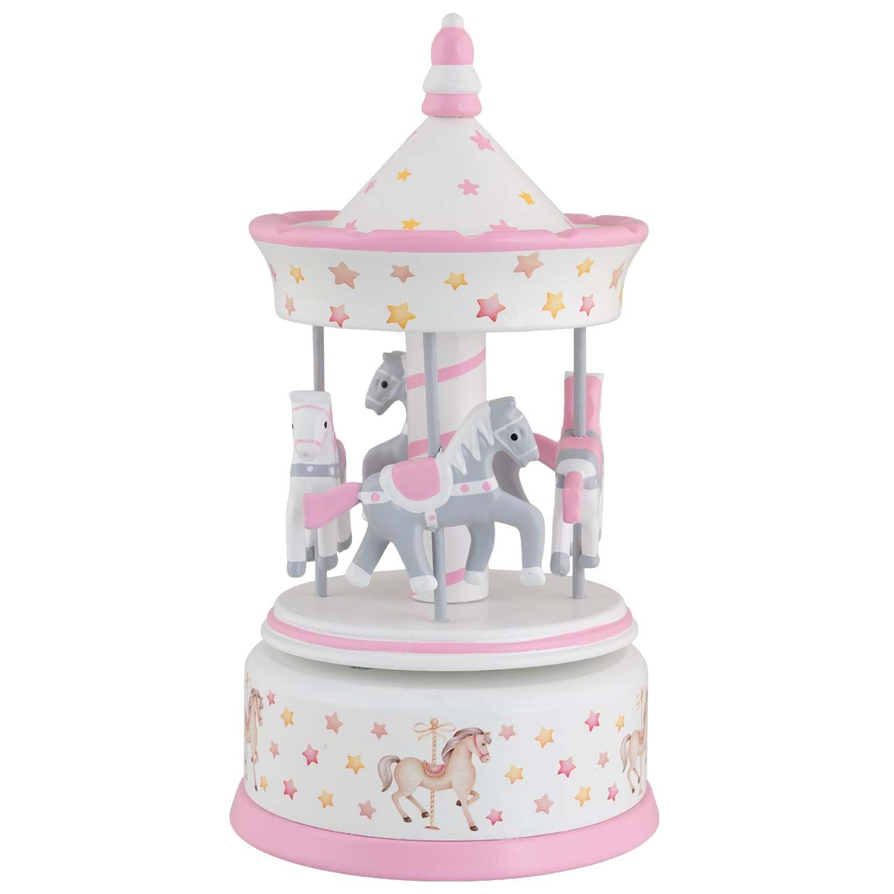 GIOSTRA CARILLON IN LEGNO DECORO CAVALLINI TETTO STELLINE ROSA